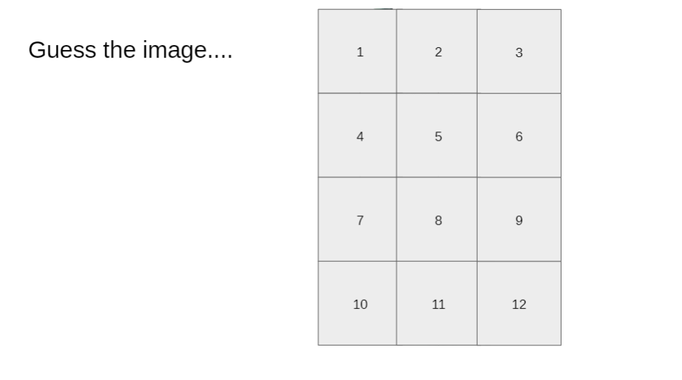 Slide with an image obscured by 12 boxes. Boxes are removed one by one to reveal the hidden image.
